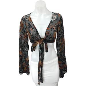 Tiger Mist Black Paisley Floral Sheer Velvet Velour Long Sleeve Crop Top Size S